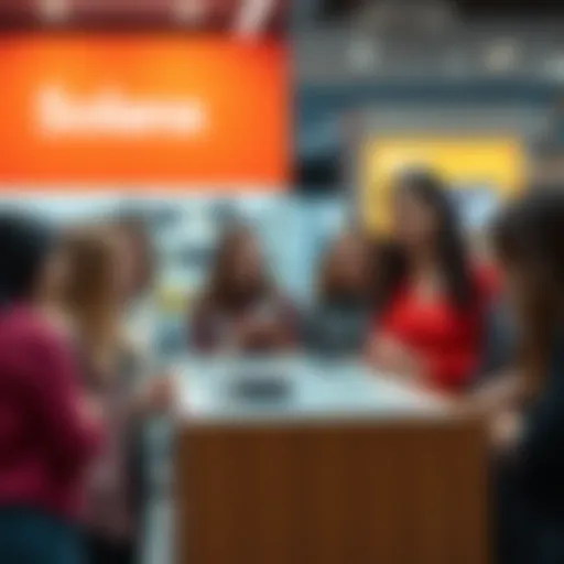 A group of people excitedly discussing the Solana Seeker in a UK tech shop, with the device prominently displayed on the counter.