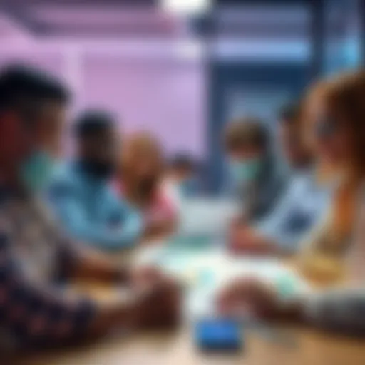 A group of diverse individuals discussing SOL investments with charts and graphs on a table, showcasing their commitment amid market changes.