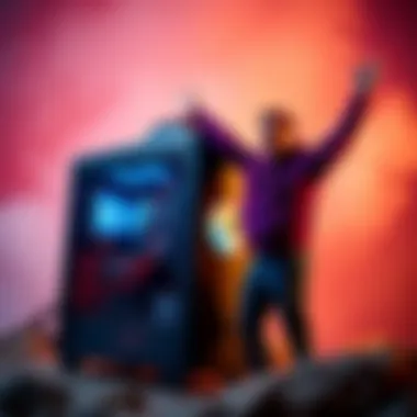 A happy solo miner stands beside his computer rig with a celebratory gesture after finding a block, looking excited about cashing out to pay off his mortgage.