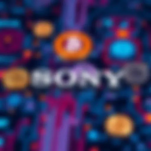 Sony logo alongside symbols representing cryptocurrency and stablecoins on a digital background