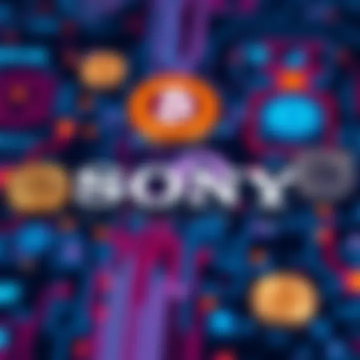Sony logo alongside symbols representing cryptocurrency and stablecoins on a digital background