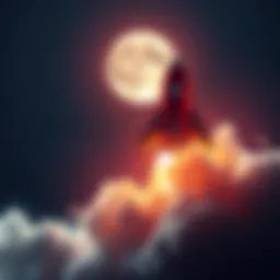 A colorful spaceship blasting off towards the moon with stars in the background