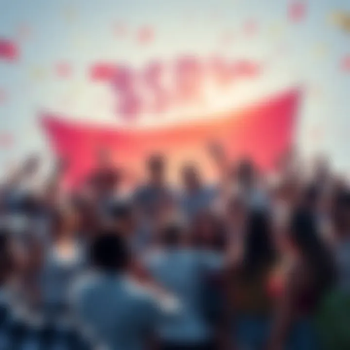 A group of diverse people celebrating the growth of the $SRY community, with banners and excitement in the air.