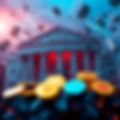 A digital representation of stablecoins changing the banking industry with financial symbols, coins, and a bank building in the background.