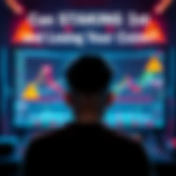 A person worried about losing coins while staking in a digital pool, with a computer screen displaying cryptocurrency graphs and warning signs.
