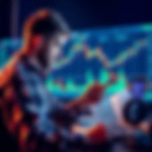 A casual investor reviewing options for staking Ethereum on Coinbase, with graphs and charts showing potential rewards and risks in the background.