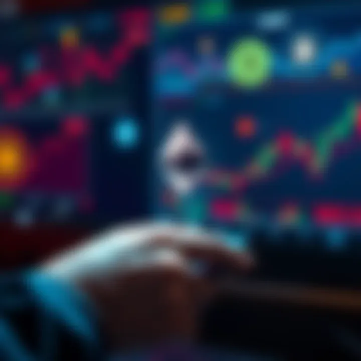 A person using a Ledger device to stake Ether, surrounded by digital currency icons and charts.