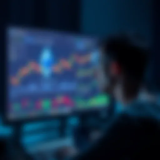 A person looking at a computer screen with Ethereum graphics and charts while considering staking their ETH investment.
