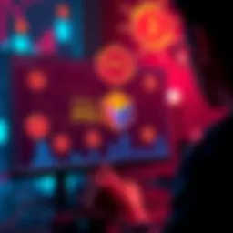 A person looking at a computer screen displaying the Polygon network with POL tokens, symbolizing staking and rewards, while cryptocurrency graphics surround them.