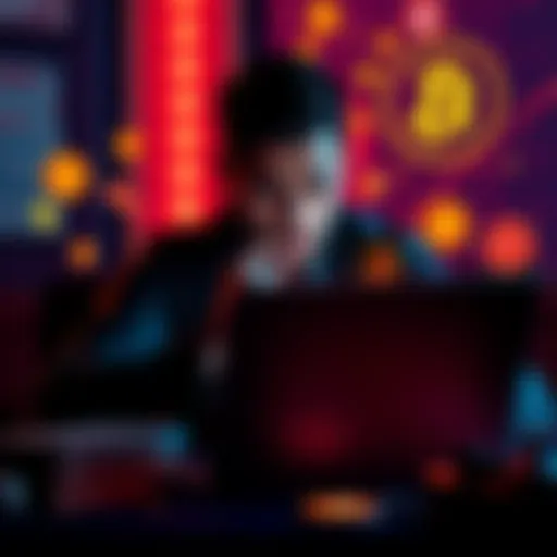A person looking frustrated while reading about staking restrictions for ETH and SOL on a laptop, surrounded by cryptocurrency symbols.