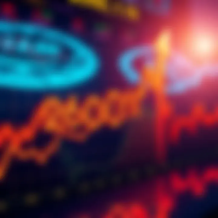 A stock market graph illustrating a steep increase, highlighting potential gains, with upward arrows and financial symbols.