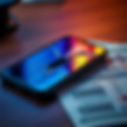 A close-up of a broken smartphone on a table, with a bank statement showing fraudulent charges beside it.