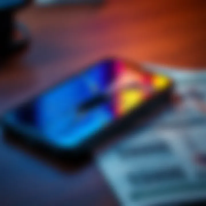 A close-up of a broken smartphone on a table, with a bank statement showing fraudulent charges beside it.