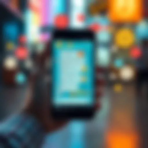 A person holding a smartphone displaying unusual text messages with emojis, surrounded by symbols of scams and digital communication.