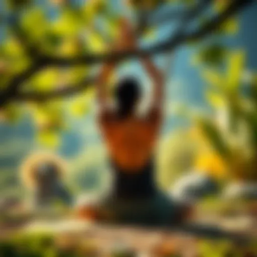 A person practicing yoga in a peaceful outdoor setting, surrounded by nature.