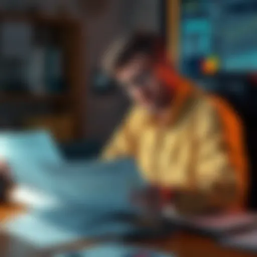 A civil engineer sitting at a desk, looking worried while reviewing cryptocurrency investment documents and charts