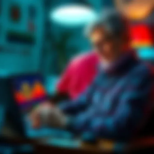 A concerned stroke survivor looks at medical bills with a laptop showing Bitcoin charts, symbolizing the need to liquidate assets for urgent surgery expenses.