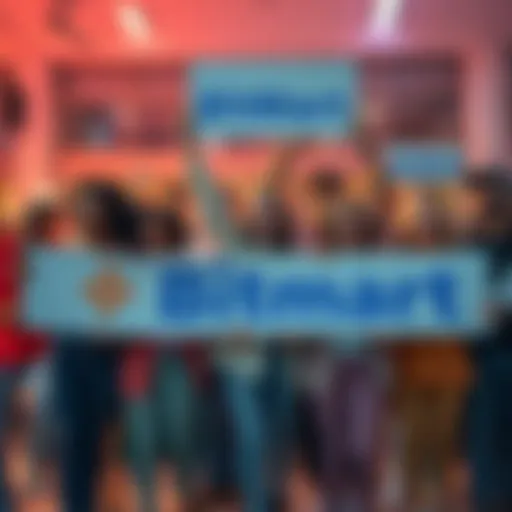 A group of diverse people holding signs in support of BitMart, showing community engagement and excitement.