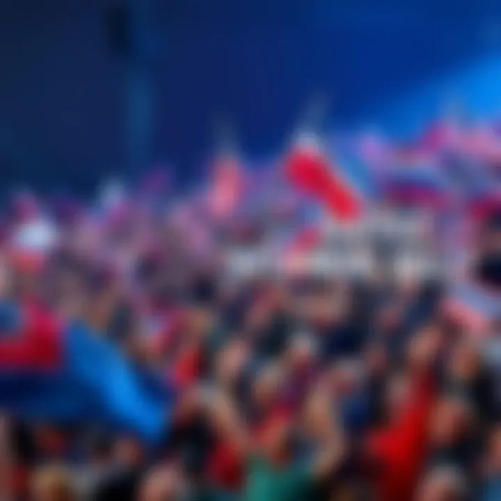 A large crowd of enthusiastic supporters holding banners and flags at a rally, showcasing unity and excitement.