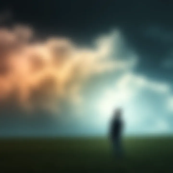 A person looking up at a dark sky with swirling clouds, symbolizing unexpected life changes.