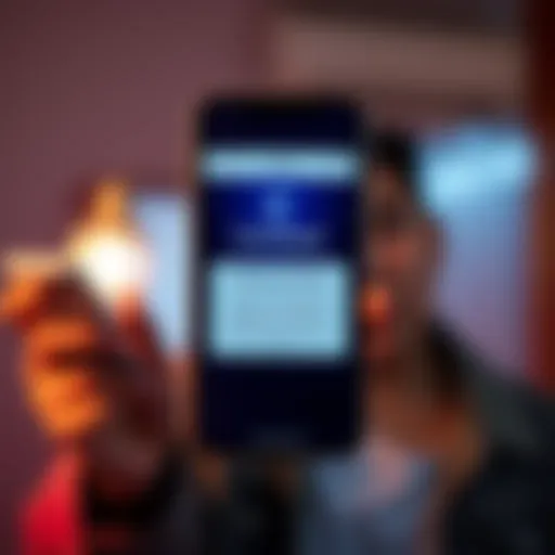 A phone displaying a suspicious message about Coinbase, along with a blurred background of a worried person holding their phone, looking concerned.