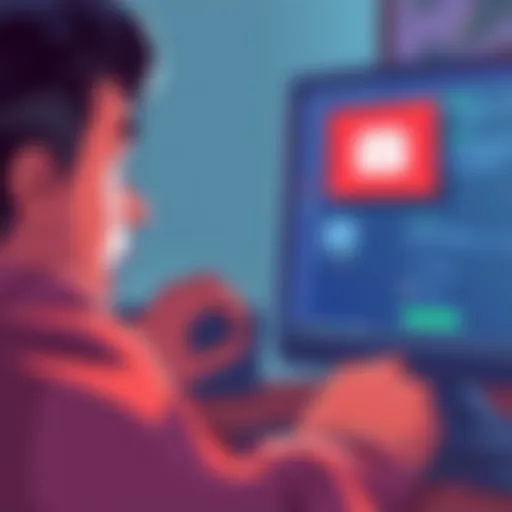 An illustration showing a person looking worried while checking their email on a computer. A red warning sign is visible on the screen indicating a suspicious email.