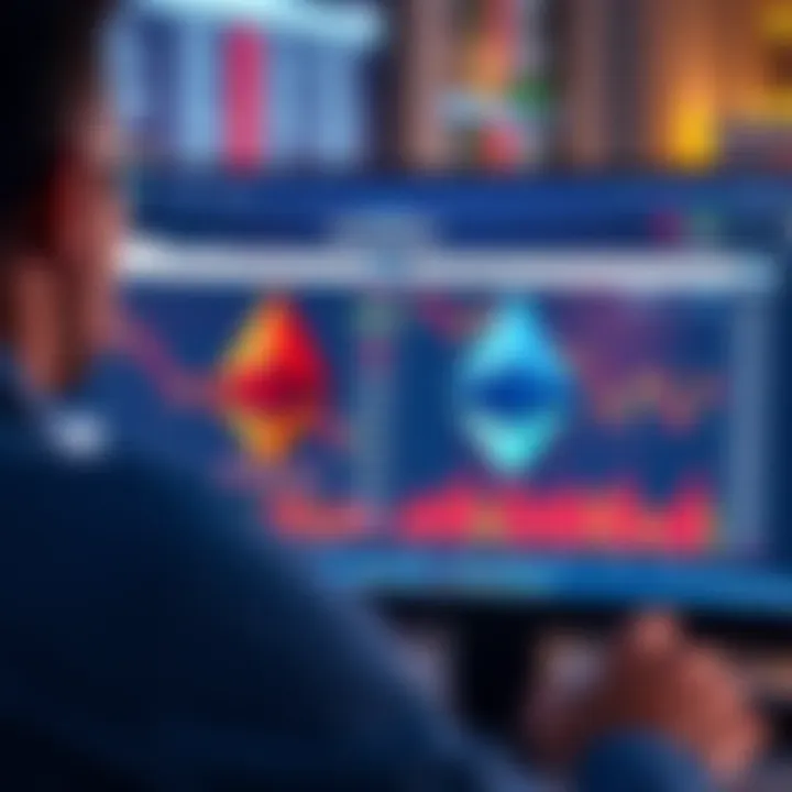 A person looking at a computer screen displaying cryptocurrency exchange charts for Ethereum and Monero