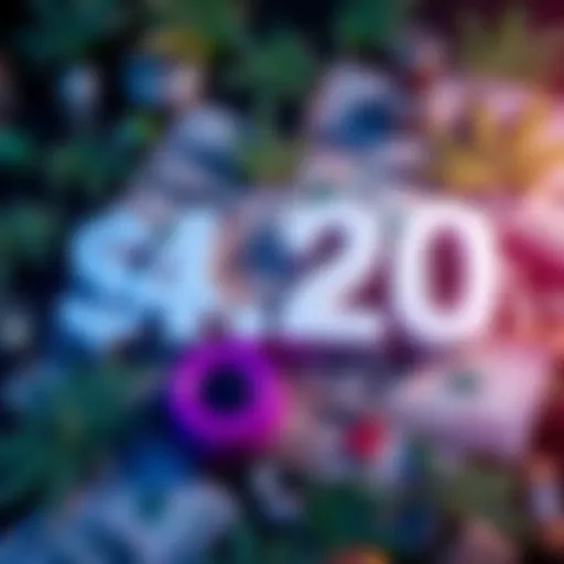 A collage of items associated with the number 420, including cannabis leaves and dollar bills, capturing its cultural significance.