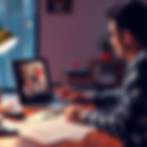 A person sitting at a desk, analyzing tax documents with a laptop open to a YouTube video about CPA services