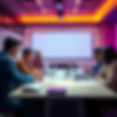 A group of people discussing over a table with papers and laptops about taxes on staking rewards.