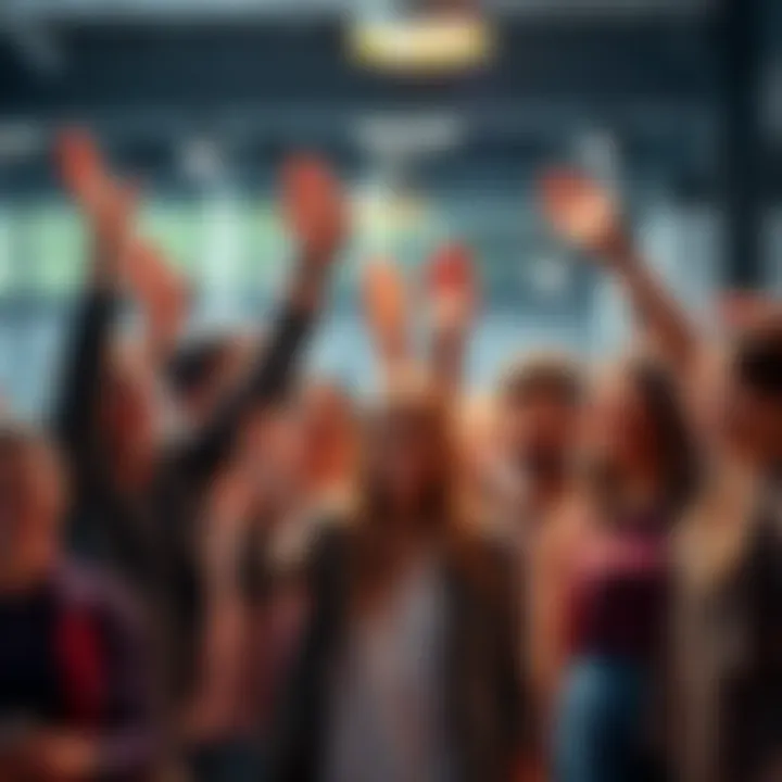 A diverse group of people celebrating teamwork and achievements with smiles and high-fives.