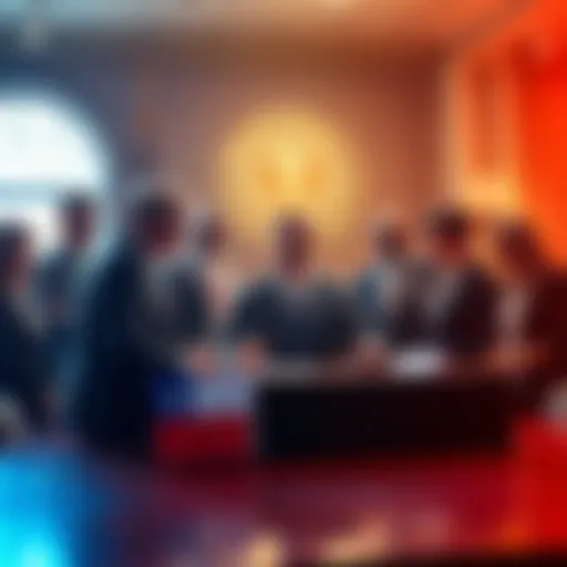 A Texas state official signing a new cryptocurrency legislation surrounded by financial advisors and technology experts.