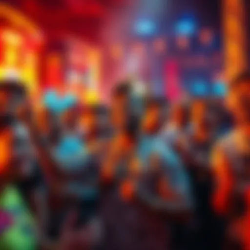 A vibrant group of people enjoying a fun meme coin event, filled with laughter and excitement, showcasing their unique culture and camaraderie.