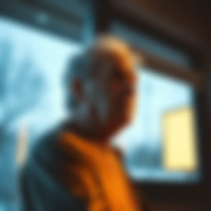 A middle-aged person gazing contemplatively out of a window, reflecting on life and aging.
