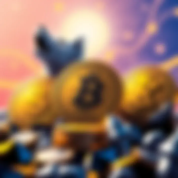 An illustration showing $WOLF, $LOTTO, and $HEEHEE coins with a bright background, symbolizing investment potential.