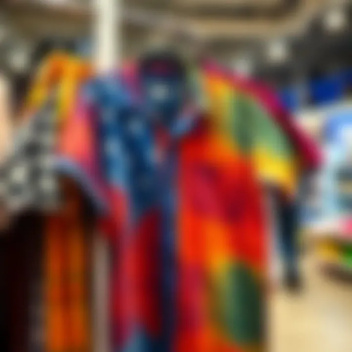 A colorful thrift store shirt displayed on a rack with price tag, drawing attention from shoppers, sparking discussions about trade value.