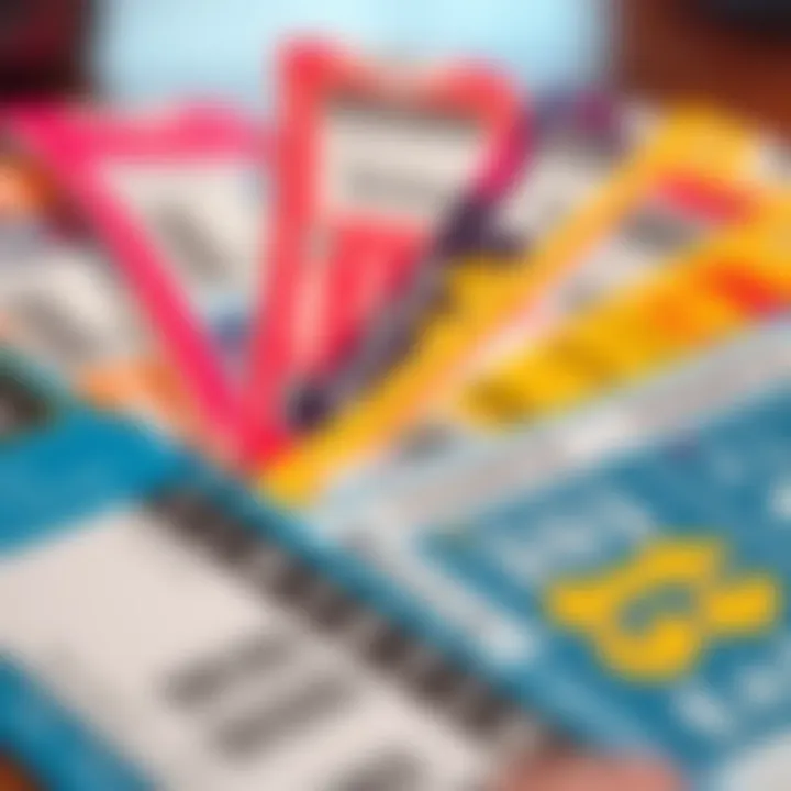 A close-up of several colorful event tickets fanned out on a table, highlighting different events and showing their unique designs.