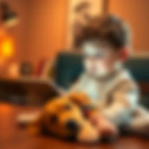 A toddler sitting at a table, holding a tablet, looking surprised by a financial app open on the screen, with a playful dog nearby