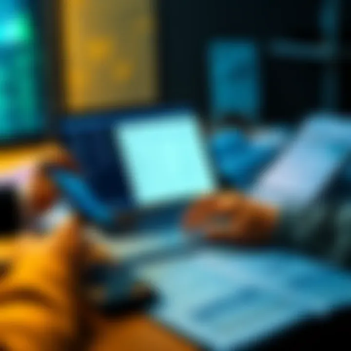 A person analyzing crypto transactions on a laptop, surrounded by spreadsheets and tax software, with a calculator nearby.