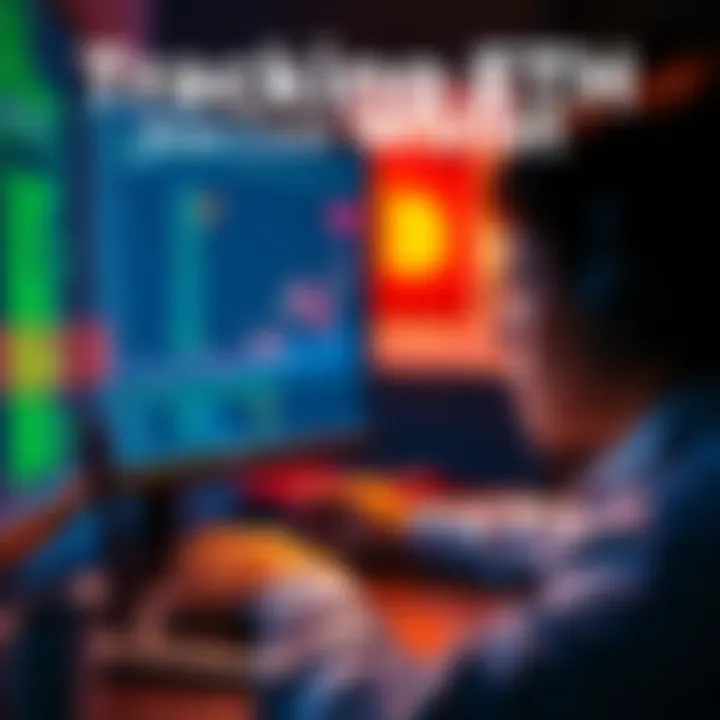 A person using a computer to track Ethereum transactions from a cold wallet to a bank account with a visual representation of blockchain data on the screen.