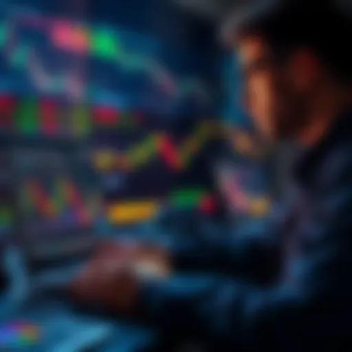 A trader looking at Bitcoin charts on a laptop with graphs showing price changes and market trends