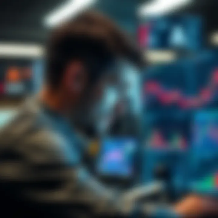 Trader Looking at Losses A distressed trader staring at a computer screen showing significant financial losses