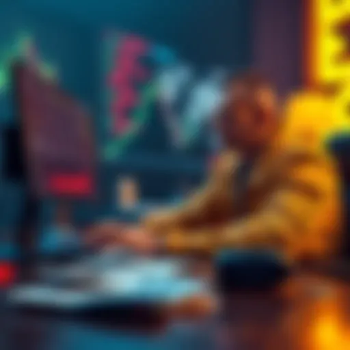 A trader looking worried while selling Dogecoin on a computer, with bills and car keys on the desk