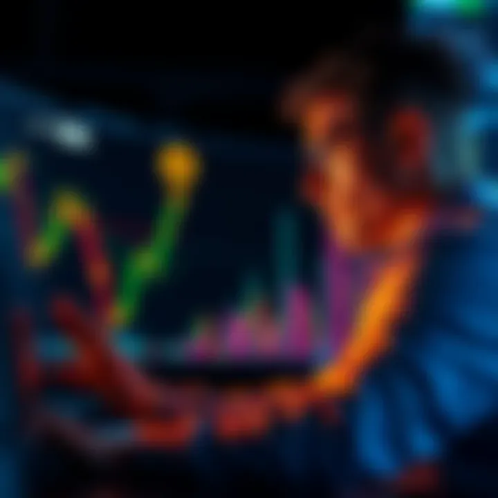 A trader looking at a graph showing Bitcoin's price movement with a potential peak at 116k and a drop to 29k, contemplating their strategy.