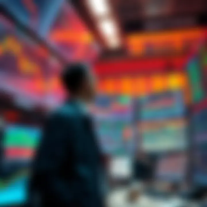 Trader placing bets on financial market A trader standing in front of multiple screens showing stock market charts and news, making strategic decisions about investments, including a potential pardon.