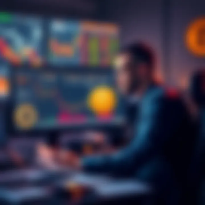 A trader looking at a computer screen with Bitcoin charts, pondering whether to cut losses or wait for a price increase, with financial documents scattered around