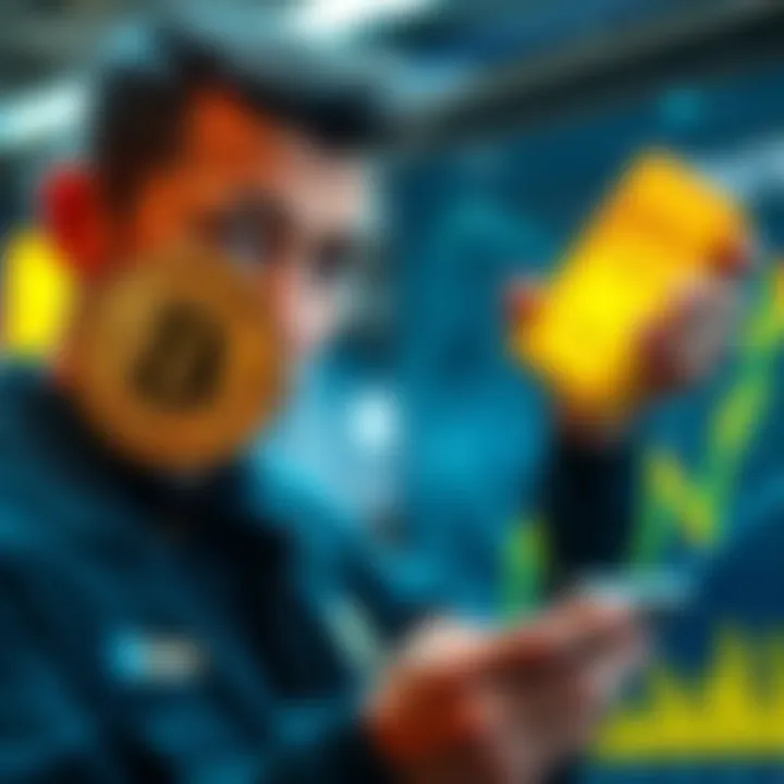 A trader looking concerned while holding a Bitcoin and a gold bar on a graph showing price drops.