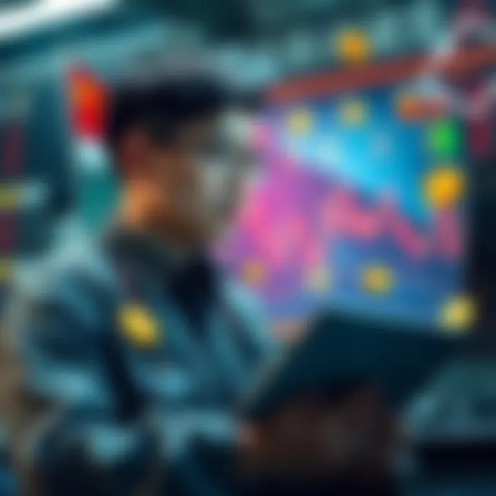 A trader studying Chinese with cryptocurrency charts and meme coin symbols around them