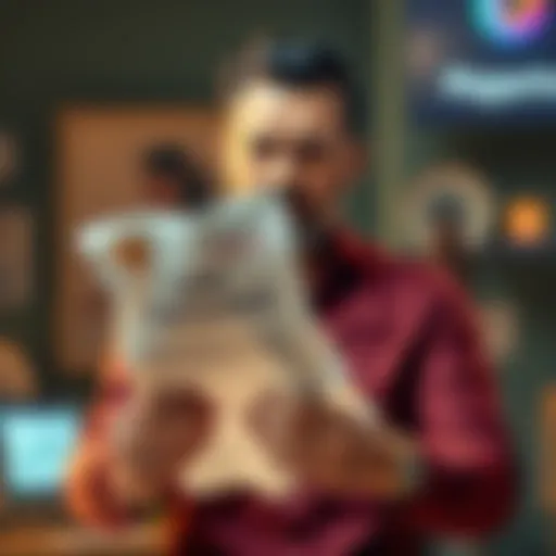 A distressed trader holding a life insurance policy document, symbolizing desperation after losing money in crypto, with a blurry image of a mother in the background.
