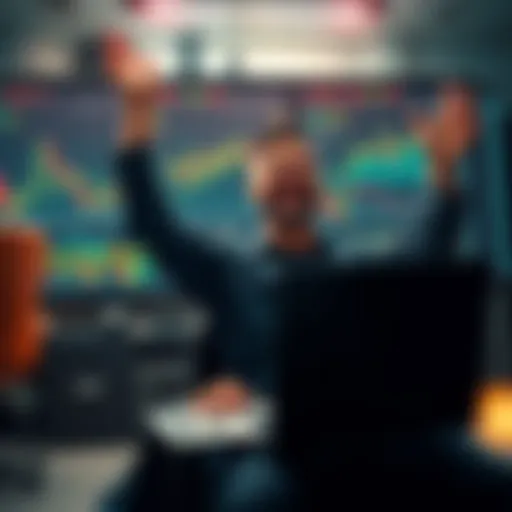A happy trader with a laptop in front of charts showing positive trends, celebrating a successful investment strategy during Uptober.